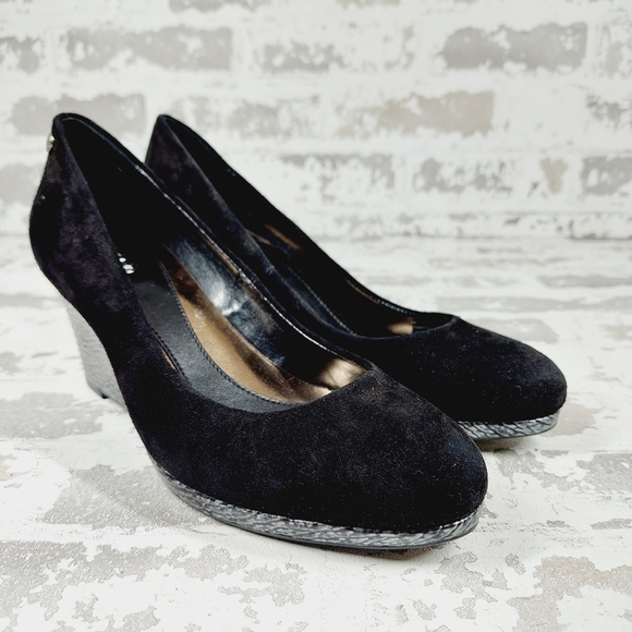 Calvin Klein Black Suede Slip On Evening/Office Silver Wedge Heels D121 - Picture 4 of 12